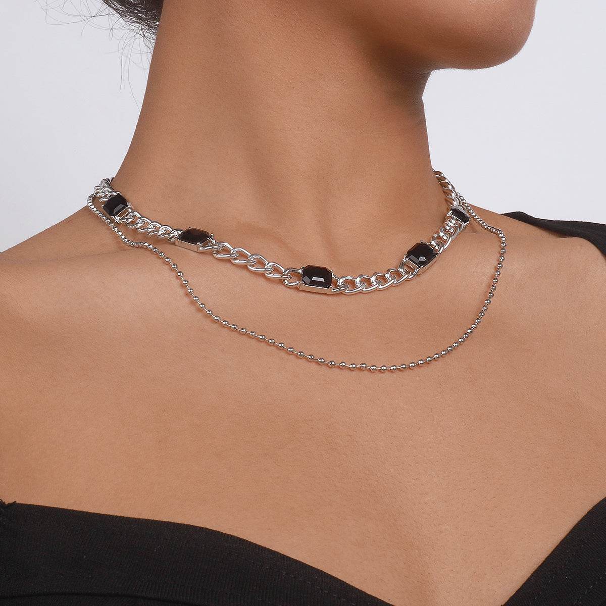 Black Crystal & Silvertone Dual-Chain Station Layered Necklace