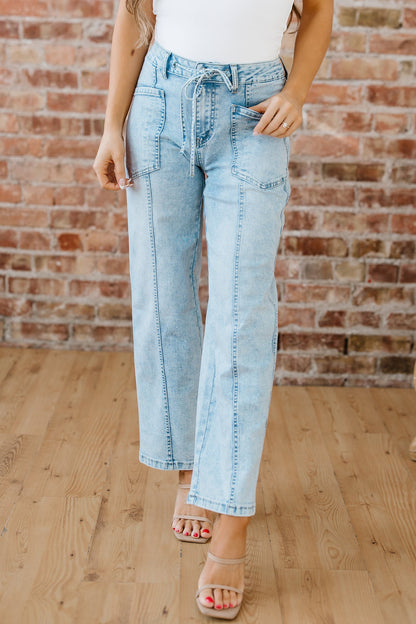 Threaded Pear Ivory Detail Drawstring Barrel Jeans