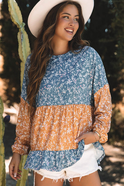 Threaded Pear Cecilia Floral Ruffled Hem Round Neck Blouse
