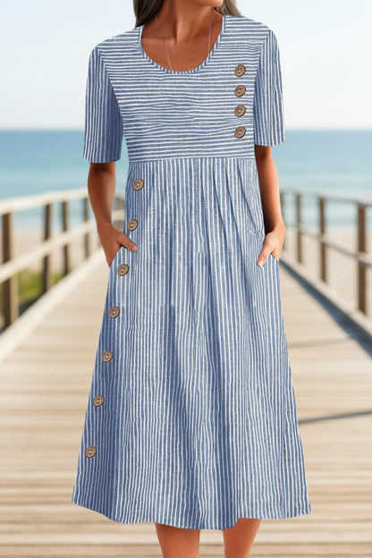 Button-Down Swing Maxi Dress – Short Sleeve Pocket Pullover Long Dress