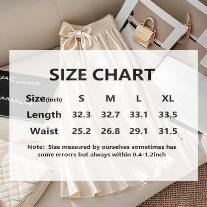 Women’s Solid Color Satin Midi Skirt with Bow Detail | Elegant Pleated Satin Skirt | High-Waisted A-Line Vacation Skirt | Chic Silk-Like Office Midi Skirt | 2026 Modern Luxury Skirt Collection