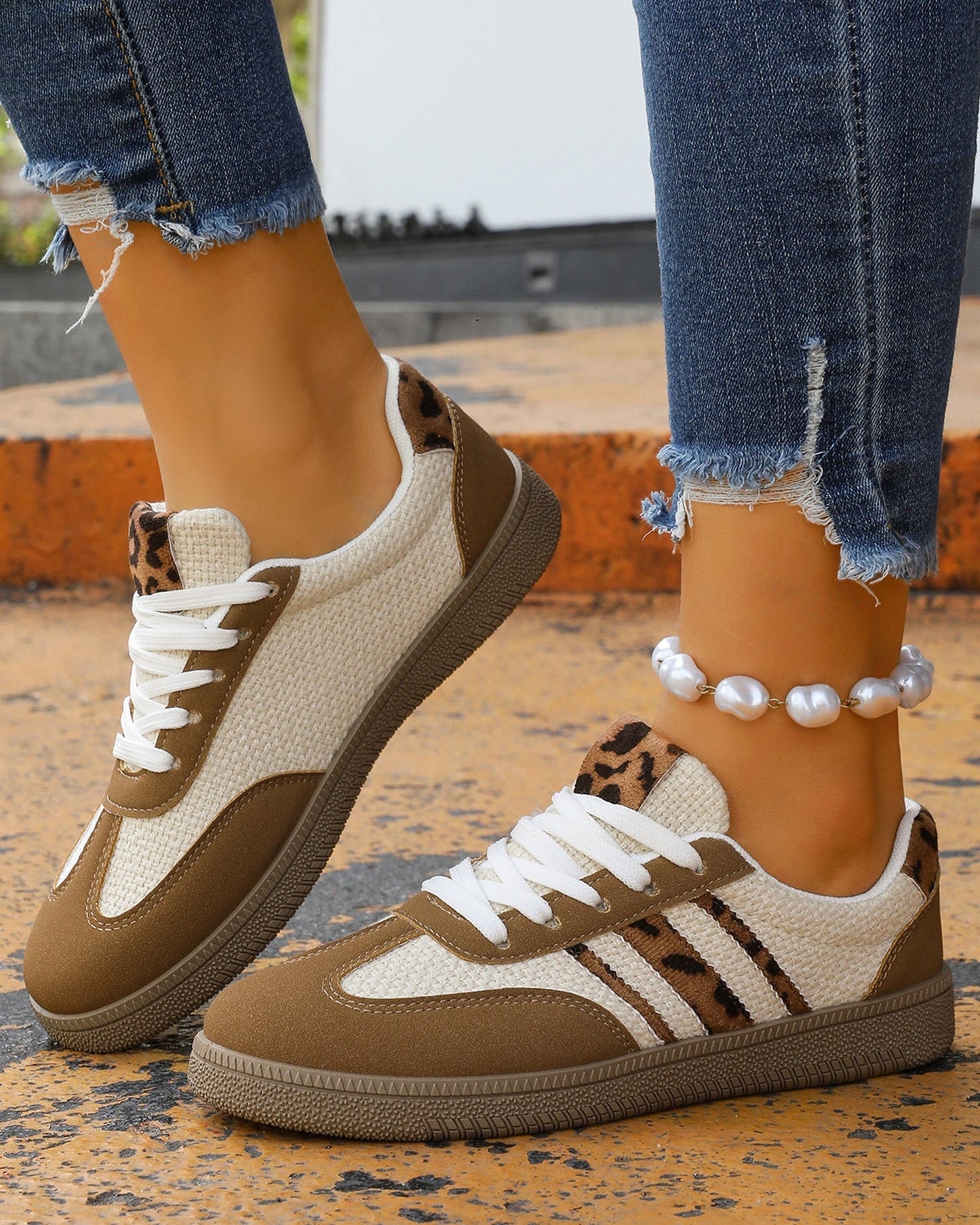 Coffee Color Block Leopard Patchwork Lace-up Sneaker