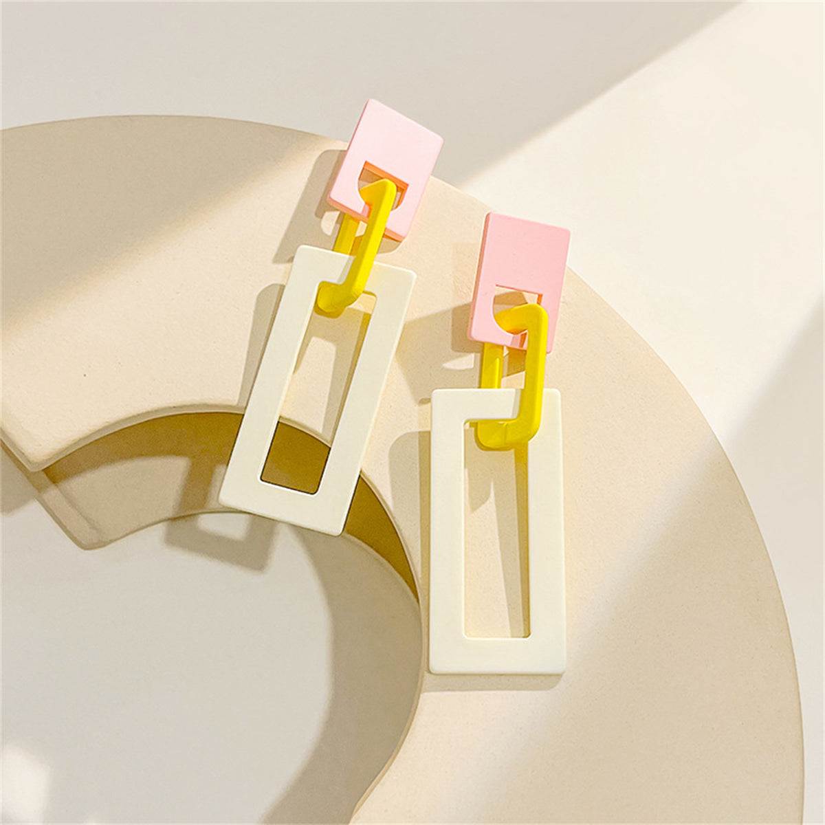 Beige & Silvertone Interlocked Rectangle Drop Earrings