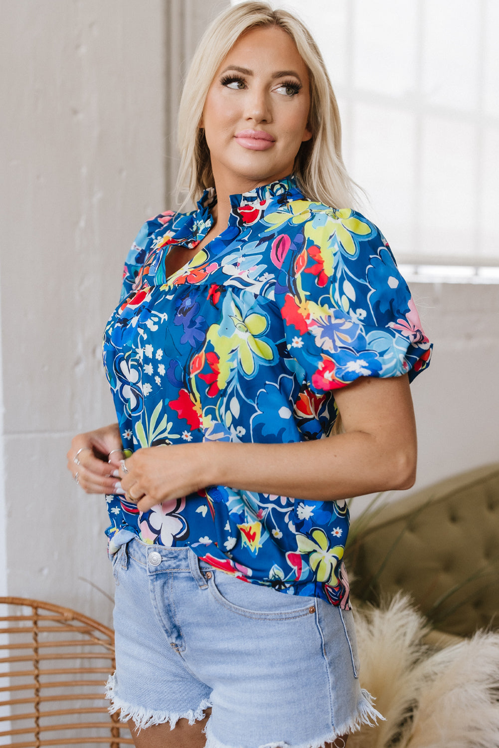 Threaded Pear Ainara Flower Puff Short Sleeve Loose Blouse