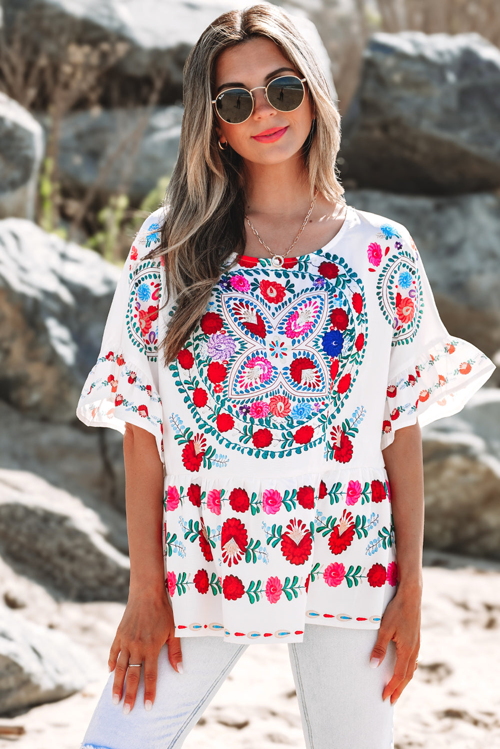 Threaded Pear Selene Boho Floral Ruffle Trim Blouse