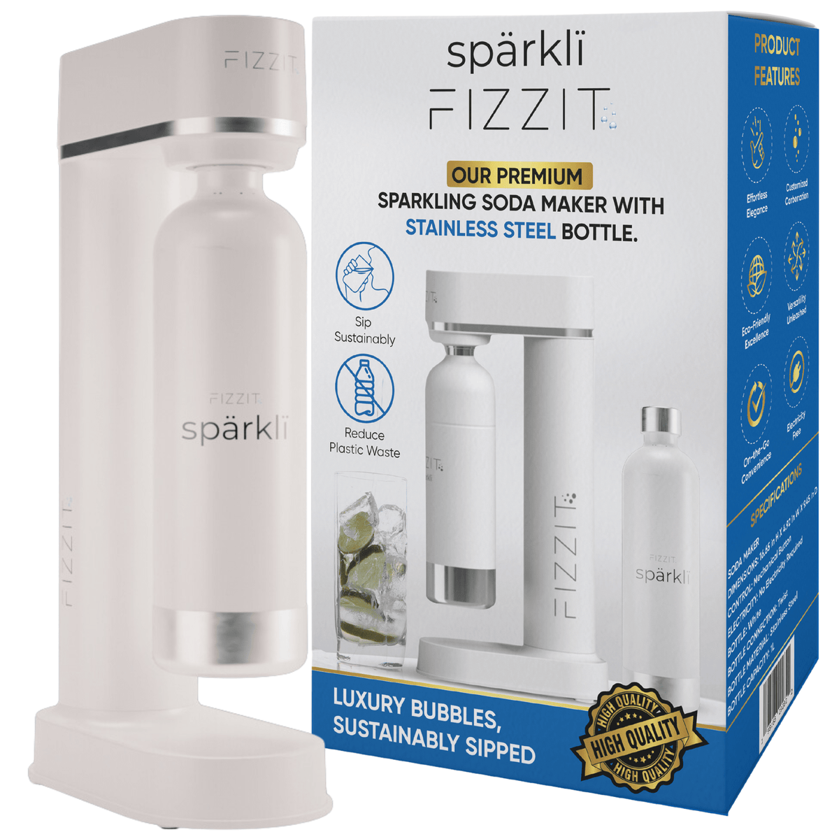 Fizzit™ Spärklï Carbonated Water Soda Maker with Stainless Steel Bottle – Dishwasher Safe Bottles - Sparkling Water Maker