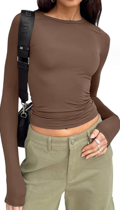 Women’s Fashion Slim-Fit Long-Sleeved Pullover | Elegant Solid Color Casual Fit Shirt | Modern Crew Neck Ribbed Base Layer | Trendy Body-Hugging Autumn Top | 2026 Minimalist Everyday Fashion Staple