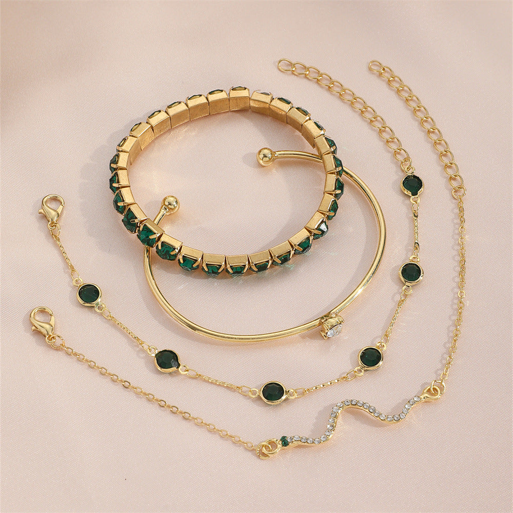 Women’s 4Pcs Green Grandmother Diamond Bracelet Set | High-Sense Emerald Stretch Bracelet Suit | Trendy Minimalist Multi-Layer Jewelry | Luxury-Label Statuesque Evening Accessories | 2026 High-Fashion Radiant Wristwear