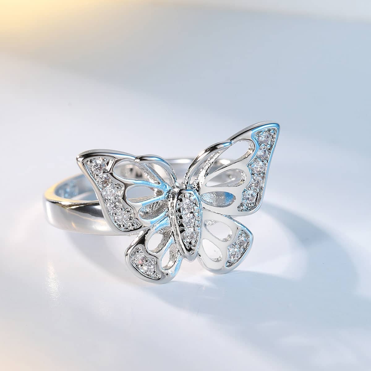 Cubic Zirconia & Silvertone Butterfly Ring