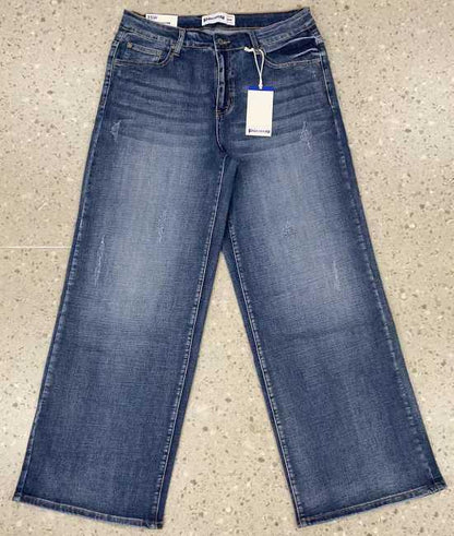 Dark Blue Plus Size Flare Pants | High-Waisted Wide-Leg Trousers for Curvy Women | Stretch Denim-Style Flared Bottoms | Elegant Full-Length Curvy Fit Pants