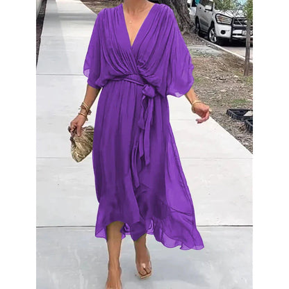 Batwing Sleeve V-Neck Midi Dress – Tied Irregular Hem Fairy Dress