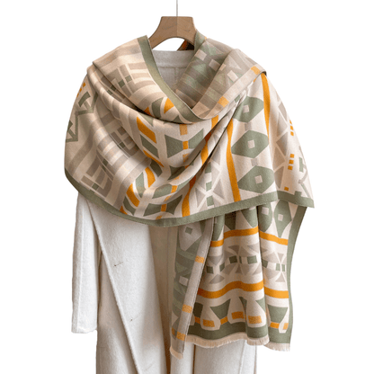 Beige, Olive Green & Orange Geometric Patterned Scarf