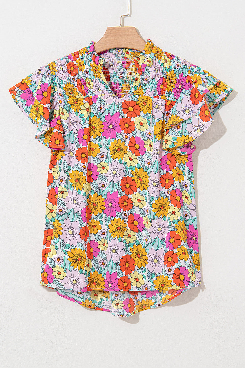 Threaded Pear Leslie Floral Shirred Tiered Ruffled Sleeve Blouse
