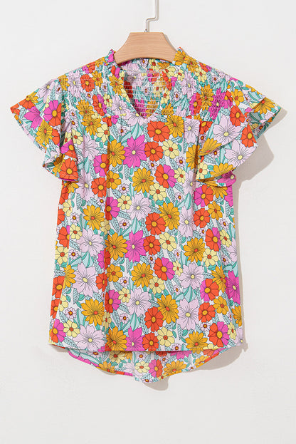 Threaded Pear Leslie Floral Shirred Tiered Ruffled Sleeve Blouse