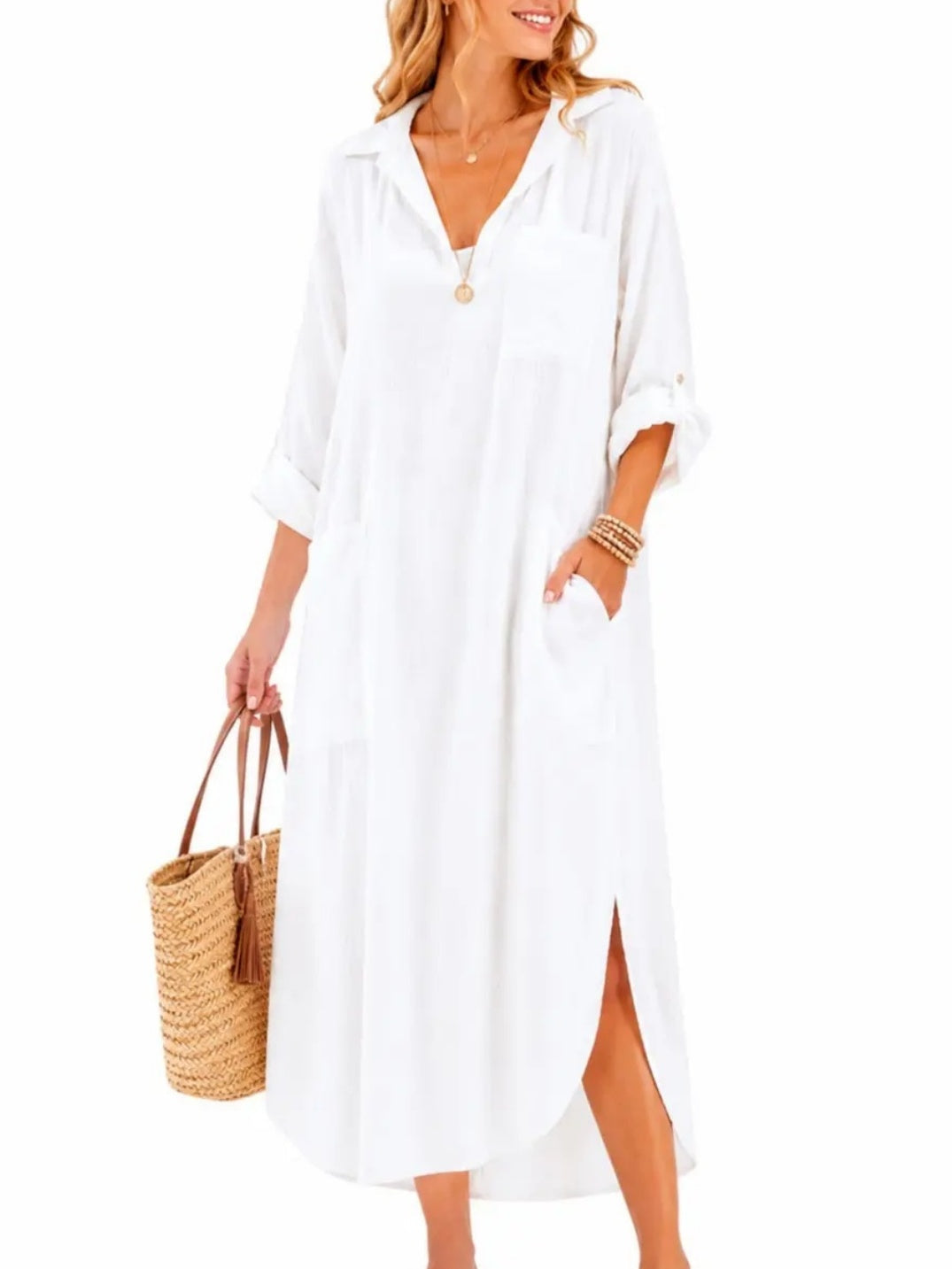 Womens Casual Loose Long Shirt Dress Side Split Dresses with Pockets
