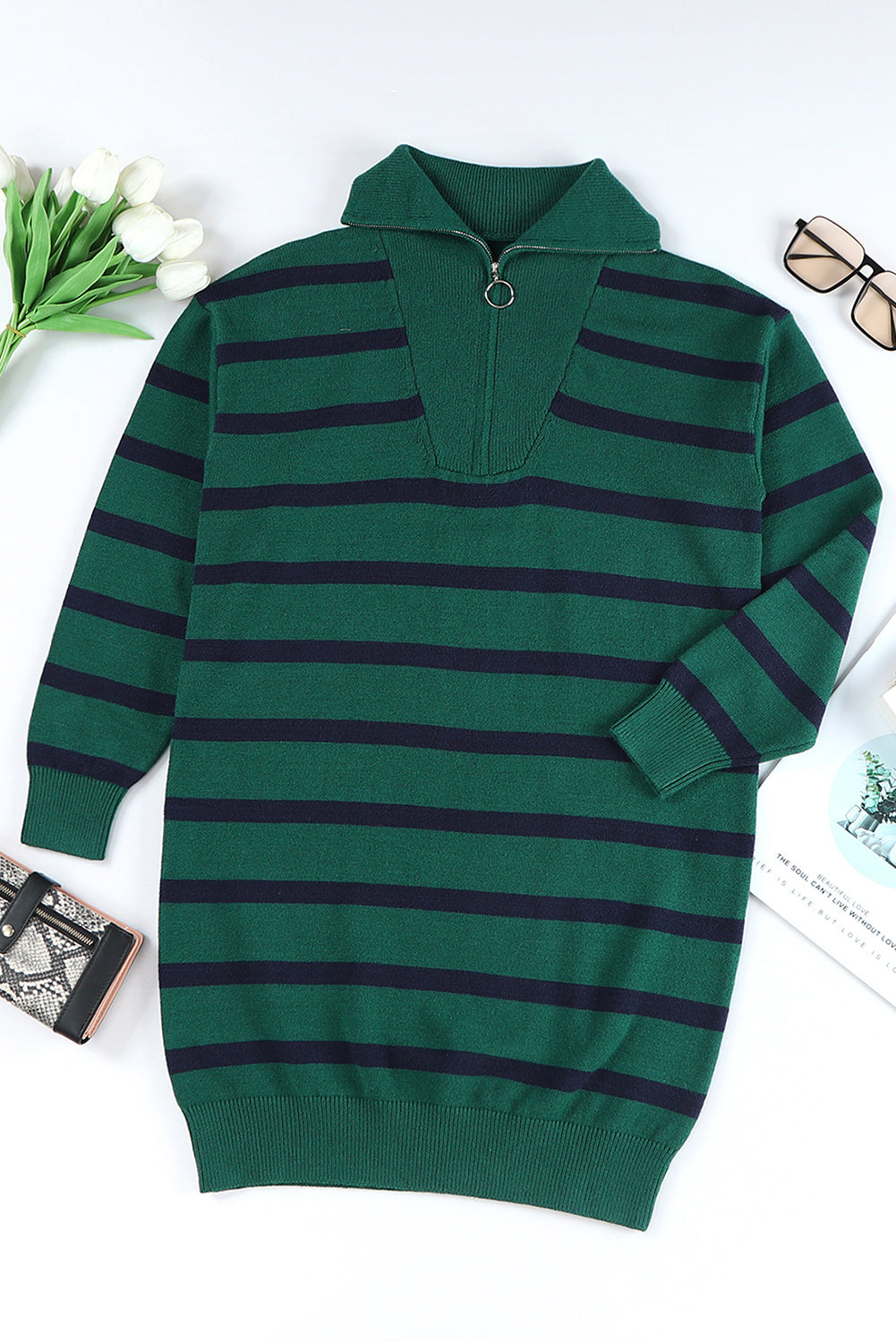 Threaded Pear Iris Striped Zip Collared Loose Sweater Mini Dress