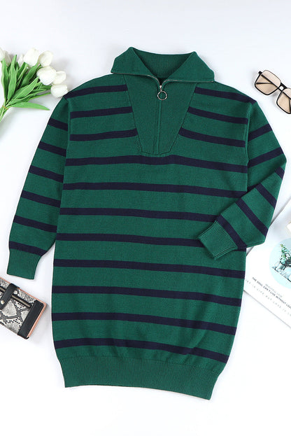 Threaded Pear Iris Striped Zip Collared Loose Sweater Mini Dress