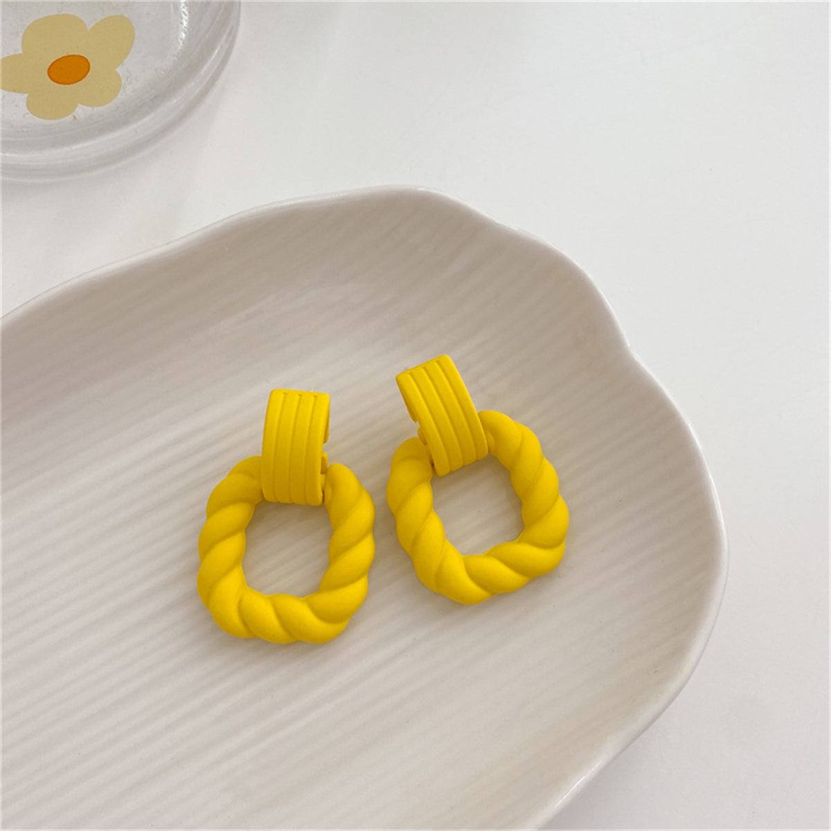 Yellow Resin & Silvertone Twine Square Drop Earrings