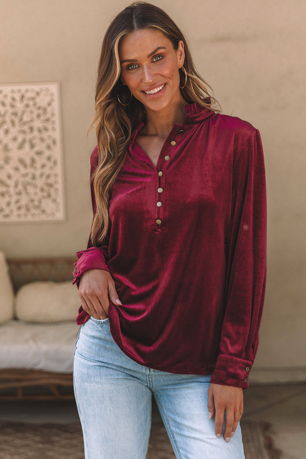 Threaded Pear Gwynn Frilled Neck Buttoned Front Velvet Top