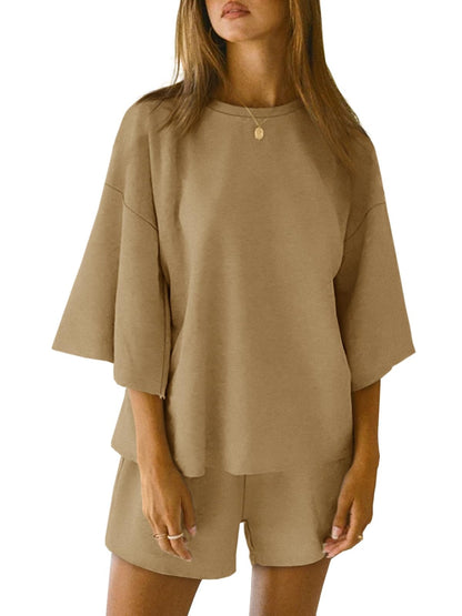Women's 3/4 Sleeve Tops and Elastic Waist Shorts Lounge Set