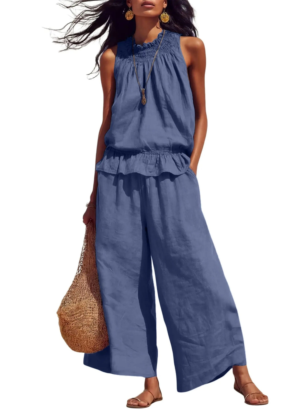 Women's 2 Piece Outfits Sleeveless Ruffle Top Wide Leg Pants Summer Loungewear
