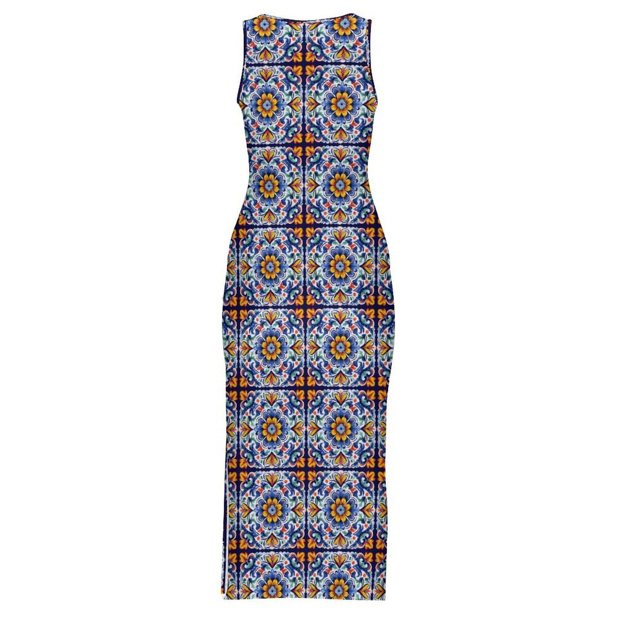 Baha Ranch Colores de Mexico Talavera Sleeveless Bodycon Side Slit Long Dress