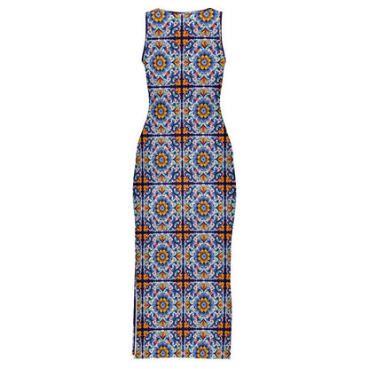 Baha Ranch Colores de Mexico Talavera Sleeveless Bodycon Side Slit Long Dress