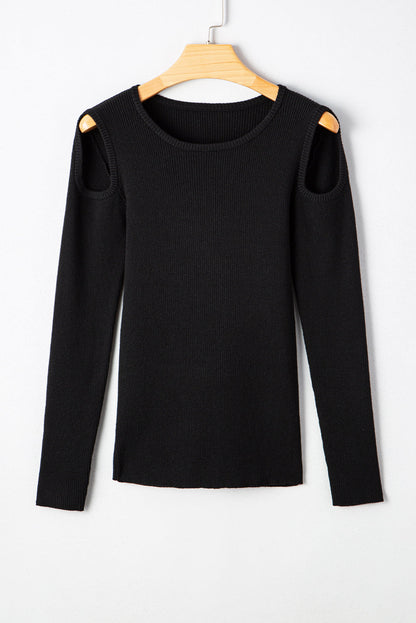 Threaded Pear Amaya Ribbed Knit Cold Shoulder Sweater