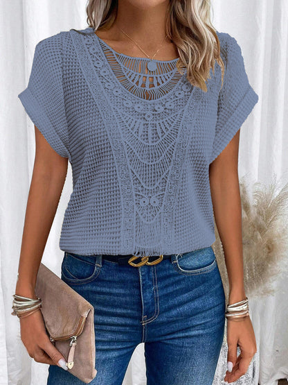 Women’s Summer Hollow-Out T-Shirt | Fashion Ethnic Style Short-Sleeved Top | Elegant Embroidered Lace Knit Blouse | Trendy Minimalist Breathable Summer Clothing | 2026 High-Fashion Artisan Ethnic Top