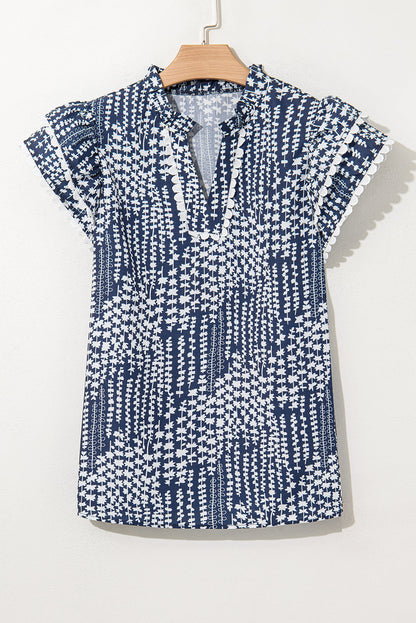 Threaded Pear Cynthia Ric Rac Trim Flutter Sleeve Notch V Neck Blouse