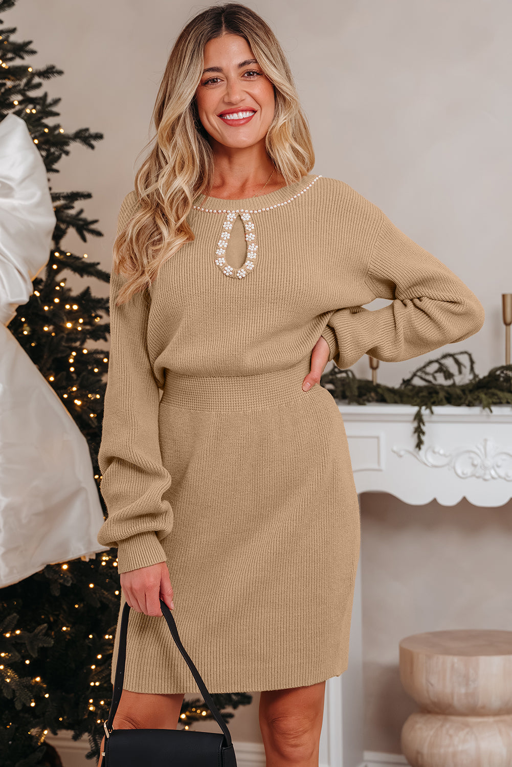 Threaded Pear Zariah Embellished Keyhole Ribbed Sweater