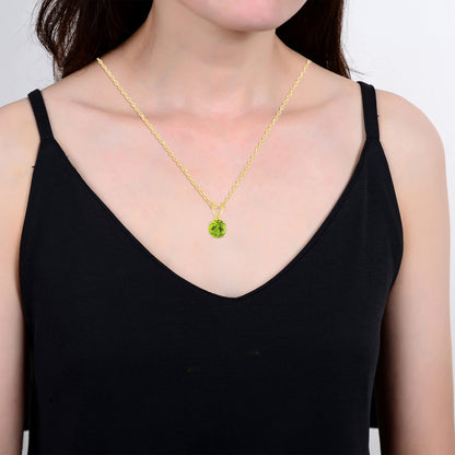 Sterling Silver Round Shape Natural Peridot Solitaire Pendant with 18"Cable Chain