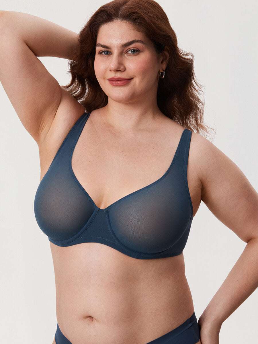 Cosnufy Sheer Mesh Balconette Underwire Full Coverage Unlined Bra