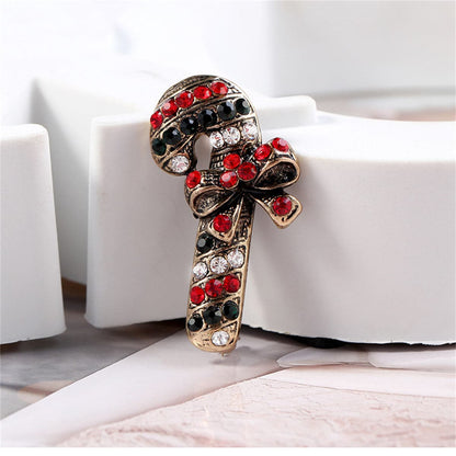 Black Cubic Zirconia & Goldtone Candy Cane Brooch