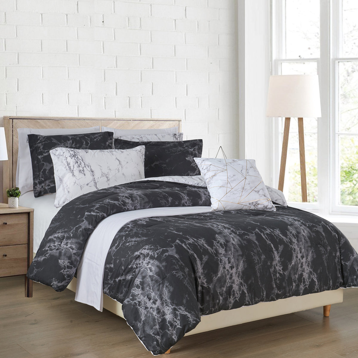 Elegant Comfort Reversible 10-Piece Marble Print Comforter Set, Includes 6-Piece Sheet Set with Double Sided Storage Pockets