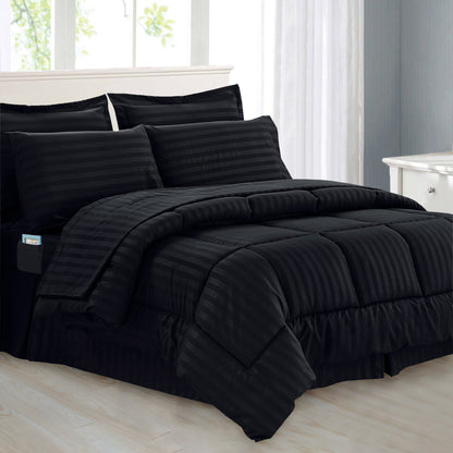 Elegant Comfort 8-Piece Dobby Stripe Comforter Set - Includes 4-Piece Sheet Set with Double Sided Storage Pockets