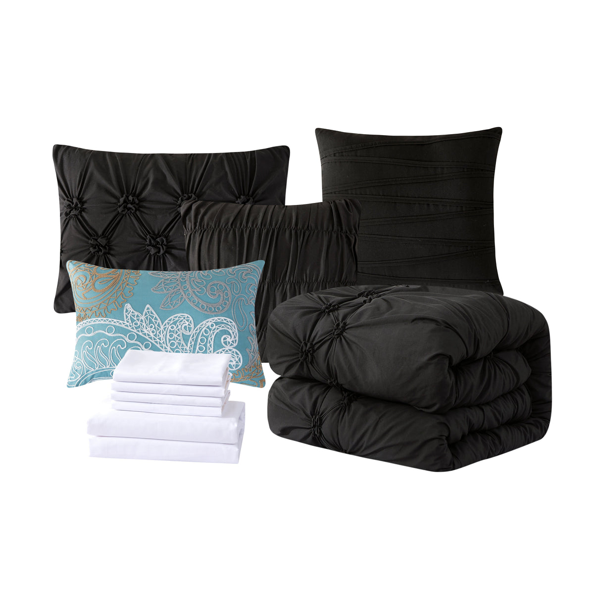 Elegant Comfort 12-Piece Ella Pleated Ruched Pintuck Comforter Set, Includes 6-Piece Sheet Set with Double Sided Storage Pockets