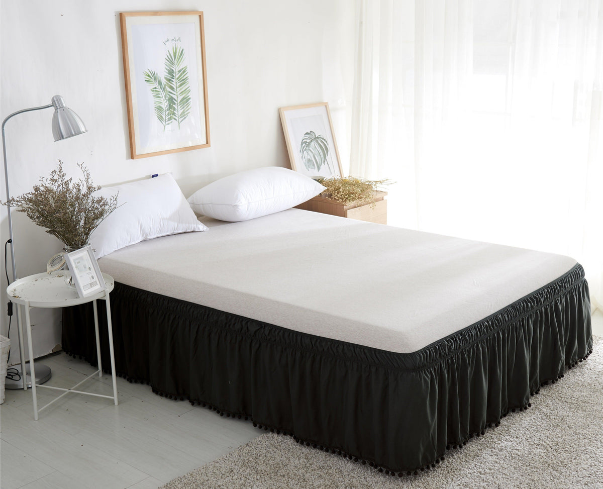 Elegant Comfort Top-Knot Tassel Pompom Fringe Ruffle Bed Skirt - Around Style Elastic Bed Wrap - 16 inch Drop