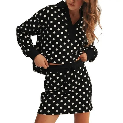 Polka Dot Polo Collar Top Drawstring Mini Skirt Two Piece Set