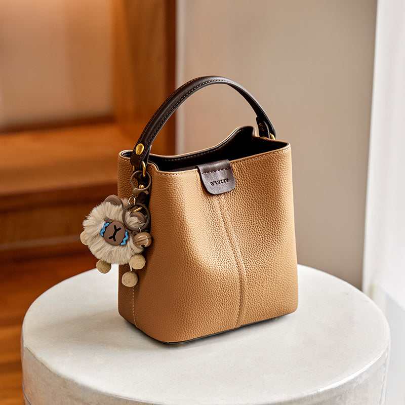 Colorblock Leather Bucket Shoulder Bag