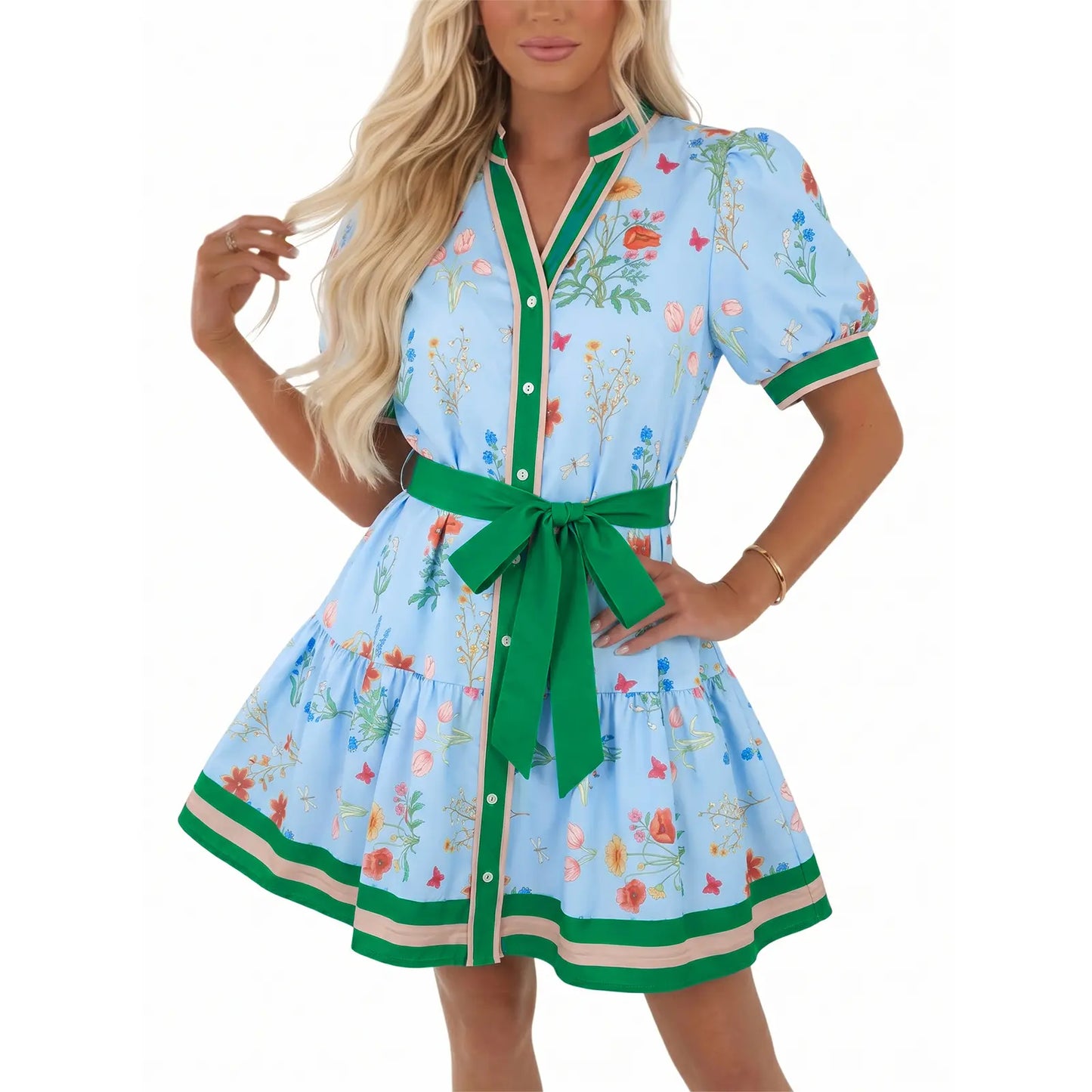V Neck Puff Sleeve Floral Belted Tiered Mini Dress