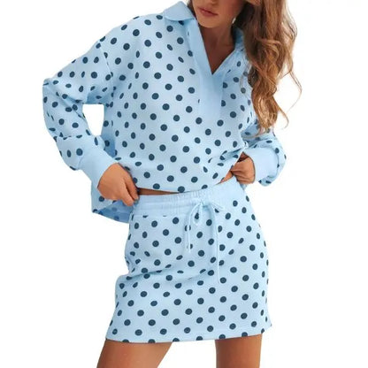 Polka Dot Polo Collar Top Drawstring Mini Skirt Two Piece Set