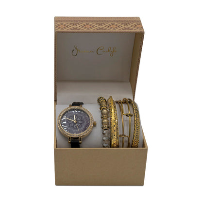 Jessica Carlyle Women's Black Strap Flower Pattern Watch & Bangle Set 1781