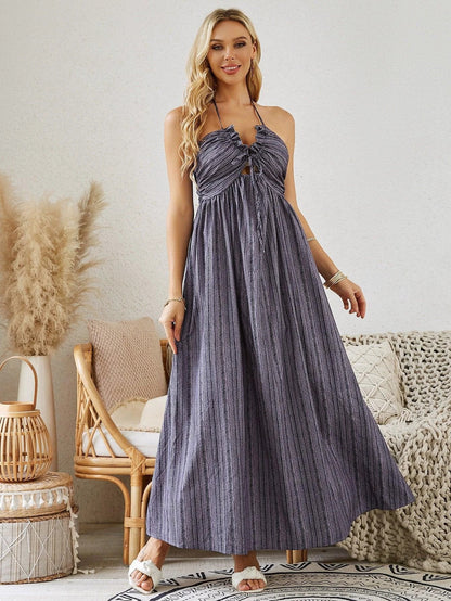 Bohemian Halter Maxi Dress - Women's Summer Sleeveless Flowy Beach Dress