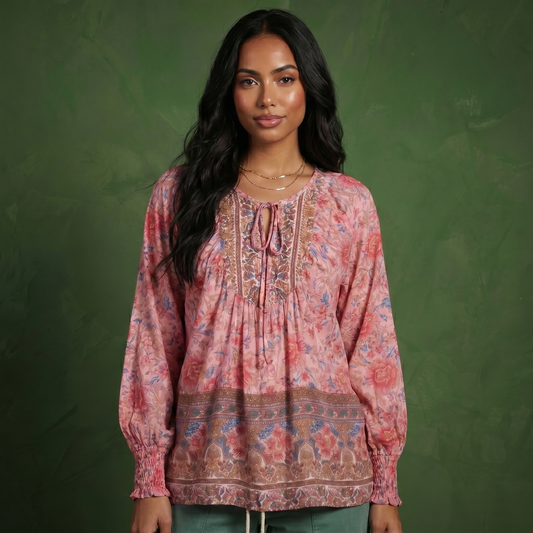 Anna-Kaci Women's Floral Boho Peasant Blouse with Long Sleeves and Tassel Tie