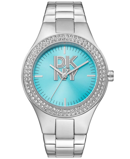 Dkny Women Watch, Silver Color Case, Blue Dial, Silver Color Metal Bracelet, 3 Hands, 5 Atm