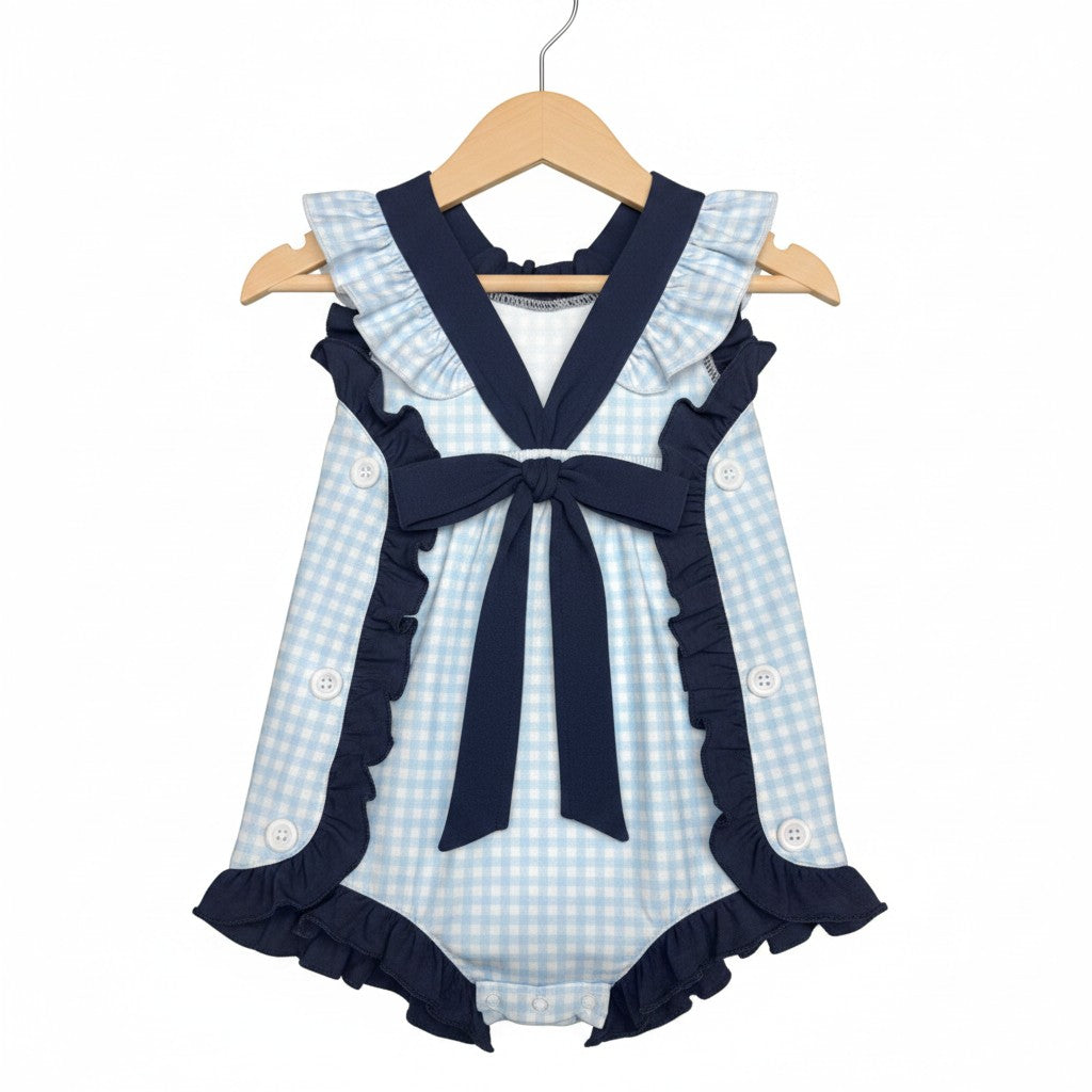 Classic Navy Gingham Bow and Button Romper