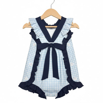 Classic Navy Gingham Bow and Button Romper