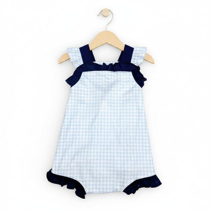 Classic Navy Gingham Bow and Button Romper