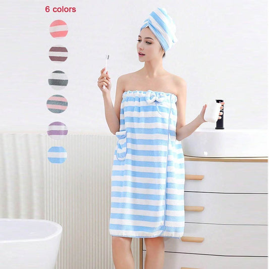 2 pcs Women's Striped Wearable Bath Towel Wrap with Matching Hair Towel – Soft Absorbent Shower Towel Set